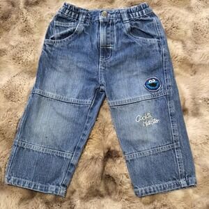Sesame Street Size 2T‎ Blue Double Knee Look Jeans with Cookie Monster Patch